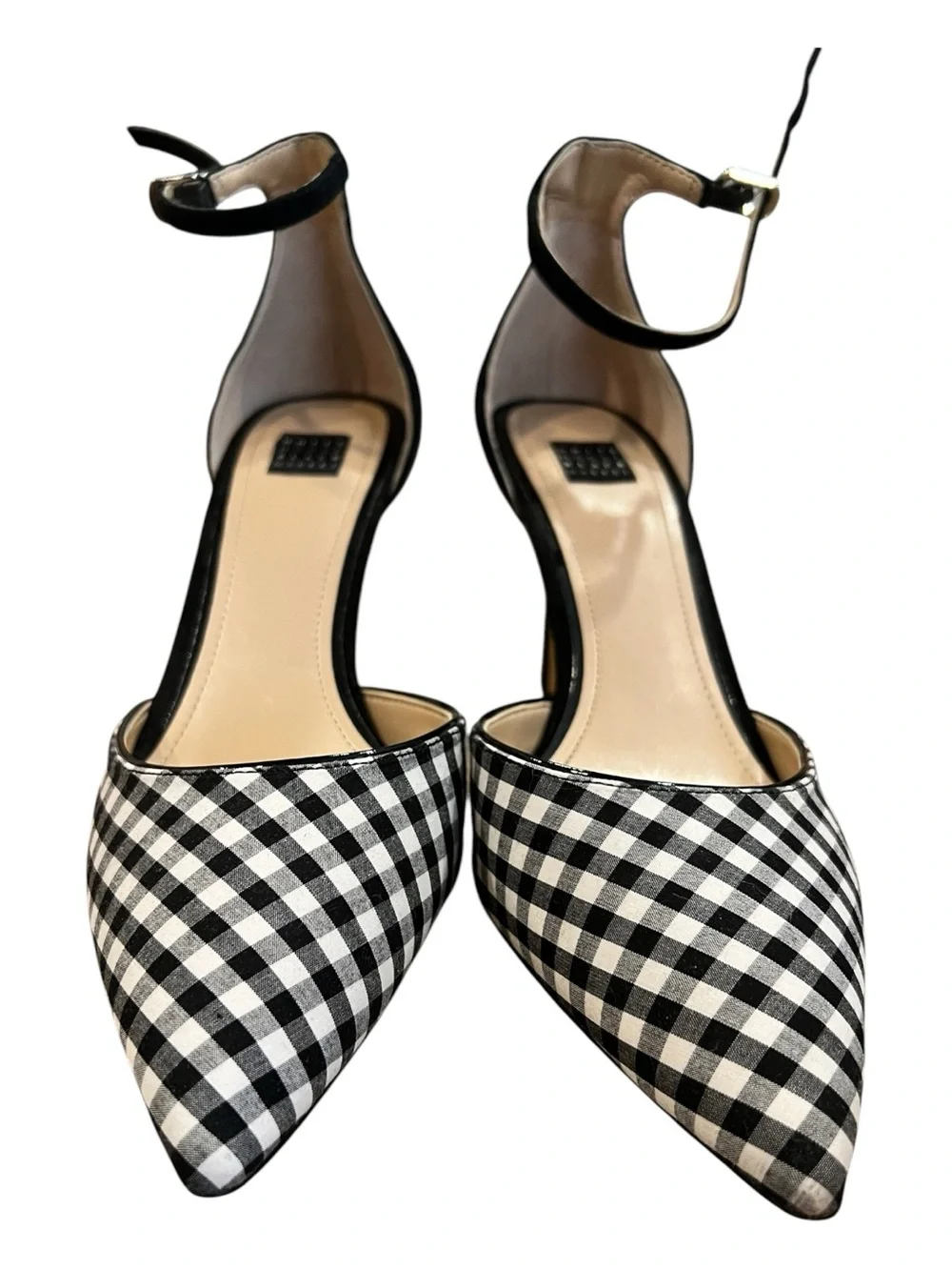 White House Black Market Gianna Gingham Ankle Strap Pumps 8.5 Black White